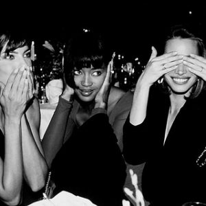 Speaking, Hearing and Seeing no Evil by Roxanne Lowit, three models (Naomi Campbell, Christy Turlington and Linda Evangelista) covering their mouth ears and eyes with their hands