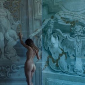 Diptych In the depth of me by Guido Argentini, Dyptich of nude model in front of blue and gold fresco and another blue fresco