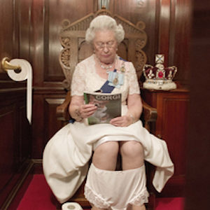 Queen on the Loo by Alison jackson, fake paparazzi shot of the queen sitting on the toilet reading a magazine