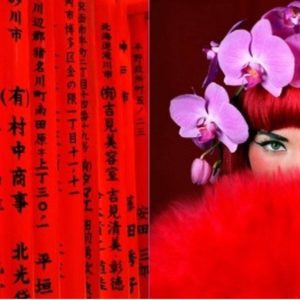 Diptych Lost Woman III by Guido Argentini, chinese lettering on red ground and model in red hair and fur with pink orchids