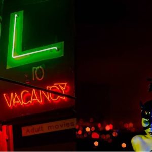 Diptych Lost Woman V by Guido Argentini, red and green neon sign and model in latex dessous and cat mask