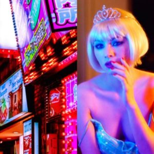 Diptych The way of the wizard by Guido Argentini, chinese neon signs and model in blonde wig and plastic gown, illuminated by pink and orange neon lights