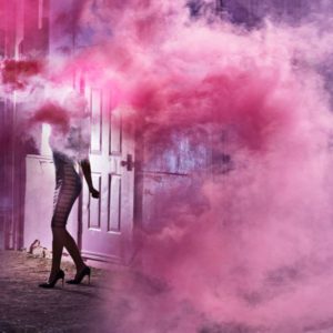 Smokeshow by David Drebin, model in tight black dress surrounded by pink smoke