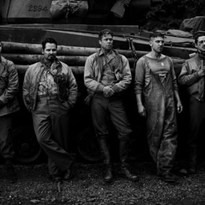 Fury by Timothy White, the main cast of fury leaning on a tank, Logan Lerman, Michael Peña, Brad Pitt, Jon Bernthal, Shia LaBeouf