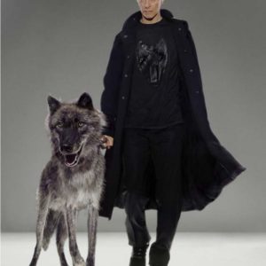 David Bowie, Natural Villains by Markus Klinko, the singer in black coat with wolfdog