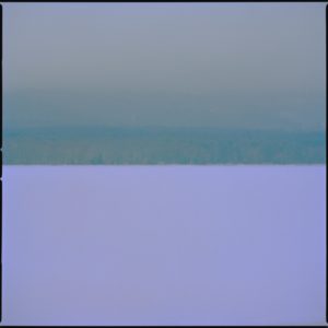 Ash by Nigel Parry, lake and woods in fog, abstract green and purple