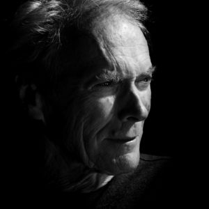 Clint Eastwood by Nigel Parry, black and white high contrast portrait of the actor